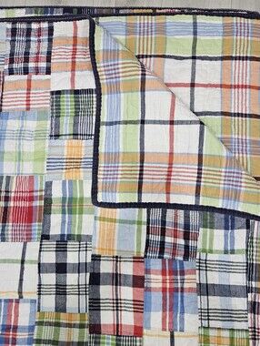 Pottery Barn Kids Madras Plaid Patchwork F/Q Quilt Reversible Cotton Red Blue